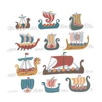 conjunto de draccars escandinavos viking, navio normando com ilustrações vetoriais coloridas isoladas em um fundo branco. 11 ícones de doodle de vetor de barco viking noruega drakkar para crianças