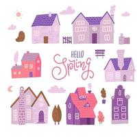 casas tradicionais de rua da europa com plantas, nuvens, outros elementos se fora da paisagem da cidade. construtor de campo na cor rosa. ilustração em vetor plana.