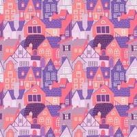 sem costura padrão colorido de cidade com casas europeias antigas desenhadas à mão na primavera. fundo de repetição rosa com a cidade velha. para papéis de parede, têxteis e scrapbooking. ilustração em vetor plana.