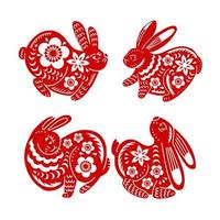 conjunto de silhuetas de coelho do ano novo lunar chinês. ícones isolados com animais do Zodíaco asiático. coelhos de corte de papel vermelho com ornamentos de flores orientais, ilustração simples de vetor de design de ano novo chinês