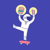 astronauta legal andando de skate e segurando copo de hambúrguer e refrigerante, ilustração para camiseta, adesivo ou mercadoria de vestuário. com estilo cartoon retrô. vetor