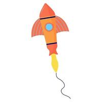 voando pipa-balão em forma de foguete em fundo branco. brinquedo de atividade de verão ao ar livre. símbolo do festival. vetor