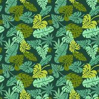impressão abstrata da selva com silhuetas de folhagem da ilha paradisíaca. vector plana sem costura padrão floral verde inspirado na natureza tropical e plantas com forma de folhas de palmeira. fundo de verão