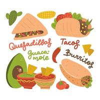 conjunto de comida tradicional mexicana - taco, burrito, guacamole e nachos, abacate, cacto, pimenta vermelha. ilustração de desenho vetorial plana com letras vetor