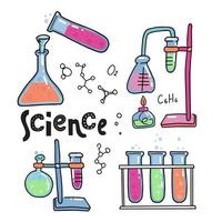 conjunto de ícones de química e ciência de cores desenhadas à mão. coleção de equipamentos de laboratório em estilo doodle. elementos de química e ciência infantil, fórmulas, tubo de ensaio para crianças. ciência de citação de letras vetor