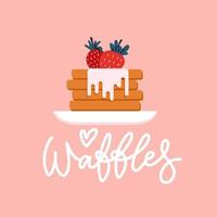 pilha de waffles redondos com cobertura de morango e sorvete. ilustração vetorial plana com letras desenhadas à mão vetor