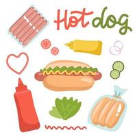 conjunto de ingredientes para cachorros-quentes isolados no fundo branco. receita de comida de fato. ilustração vetorial plana com letras desenhadas à mão. vetor