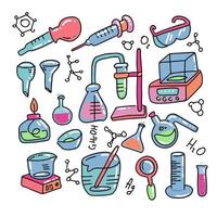 ícones desenhados à mão de cor decorativa de química definidos com ilustração vetorial isolado de equipamento de experimento científico de laboratório químico. conjunto de equipamentos de laboratório em estilo doodle. criança química e ciência vetor