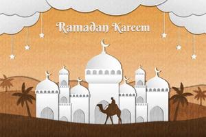 fundo de ilustração ramadan kareem com mesquita de arte de papel, árvore de datas e camelo no deserto vetor
