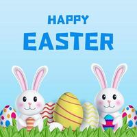 feliz dia de páscoa ilustração 3d com dois coelhos segurando ovos vetor