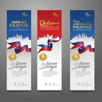 definir modelo de design de banner vertical. feliz dia da independência filipinas fundo moderno com bandeira de fita, fita de prêmio de ouro e cidade de silhueta vetor