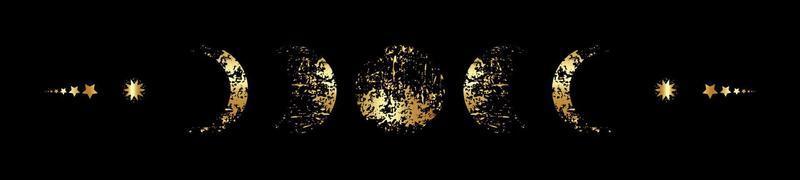 armação de borda de fases da lua em textura de folha de ouro, sinal de bandeira wicca. símbolo de deusa wicca pagã de lua tripla de luxo dourado, geometria sagrada, roda do ano, vetor isolado em fundo preto