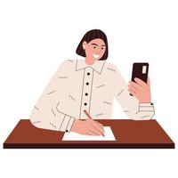 uma jovem consulta online. mulher de negócios trabalha com clientes online. consultora online de mulher. ilustração vetorial em fundo branco. vetor