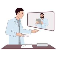 dois médicos realizando uma conferência online. jovens médicos do sexo masculino se comunicam usando a internet. ilustração vetorial plana sobre fundo branco. para impressão, web design. vetor