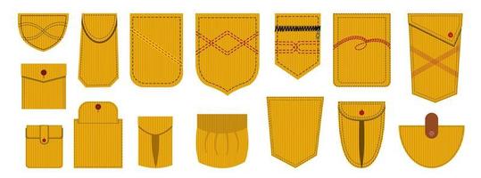 bolso de remendo feito de tecido de veludo cotelê. listras amarelas nos bolsos do uniforme com costura. vetor