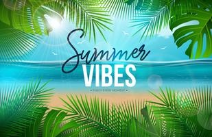 Ilustração das vibrações do verão do vetor com folhas de palmeira e letra da tipografia no fundo azul da paisagem do oceano. Design de férias de férias de verão