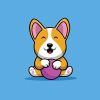 cão bonito corgi jogando bola cartoon ilustração ícone vetorial. animal esporte ícone conceito isolado vetor premium. estilo de desenho animado plano