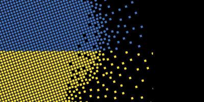 pixel art com bandeira da ucrânia. pontos de pixel crescem concentrando-se dentro da bandeira. os pontos dentro da bandeira da ucrânia são pixel art representando unidade e independência. bandeira em fundo preto. vetor