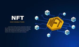 conceito de token não fungível nft com fundo de tecnologia azul escuro. vetor