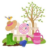 ilustração de jardinagem de primavera. ferramentas no fundo de uma cerca branca e uma árvore florida. chapéu de palha, regador, botas de borracha, mangueira. itens vetoriais para a agricultura. vetor