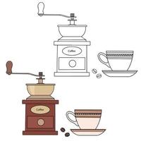 moedor de café com grãos de café e uma xícara. cor e desenho linear em um fundo branco vetor