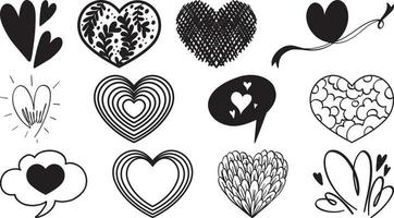 conjunto de corações desenhados à mão negra vetor