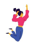 dançarina alegre em um suéter rosa e calça azul. vetor. ilustração de uma jovem rindo. personagem para o estúdio de dança. estilo plano. membro da empresa. Pule.