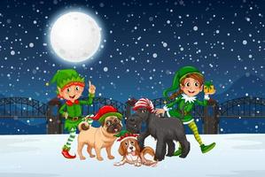 noite de inverno nevado com duende de natal e muitos cães vetor