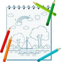 um caderno com um desenho de esboço de doodle e lápis de cor vetor