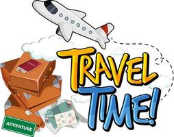 design de tipografia de tempo de viagem com malas e avião vetor