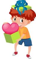 um menino segurando um coração rosa em estilo cartoon vetor