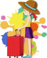 garota feliz com bagagem vermelha em fundo colorido vetor