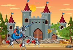 cena do palácio medieval com grupo de cavaleiros vetor