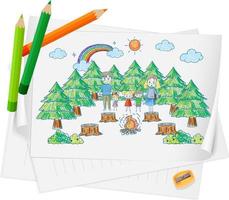 um papel com um desenho de esboço de doodle com lápis de cor e cor vetor