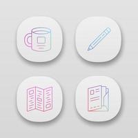 conjunto de ícones de aplicativos de atributos de trabalho de negócios. interface de usuário ui ux. web ou aplicativos móveis. acessórios de escritório vector ilustrações isoladas. copo pessoal, livreto corporativo, lápis e pasta de documentos