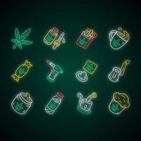 produtos de erva daninha conjunto de ícones de luz neon. legalização da maconha. distribuição de cânhamo, venda. indústria da maconha. dispositivos para fumar. bebida CBD, creme, doces, cupcake. sinais brilhantes. ilustrações vetoriais isoladas vetor