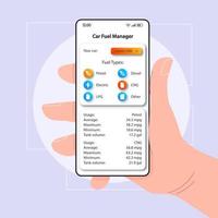 modelo de vetor de interface de smartphone de gerenciador de combustível de carro. layout de design de cor de página de aplicativo móvel. gasolina, tela de controle de diesel. interface do usuário plana para aplicação. mão segurando o telefone com uso de combustível em exibição..