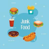 junk food em design de vetor de fundo azul