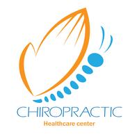 Logotipo da clínica de Quiropraxia com borboleta, símbolo da mão e da coluna vertebral.