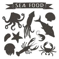 Ilustrações tiradas mão do vetor do marisco isoladas no fundo branco, elementos para o projeto do menu do restaurante, decoração, etiqueta. Silhuetas vintage de animais marinhos.