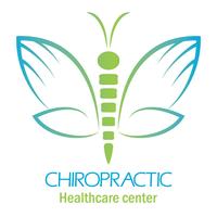 Logotipo da clínica de Quiropraxia com borboleta, símbolo da mão e da coluna vertebral.