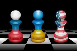 três peças de xadrez peões com bandeiras dos estados rússia, ucrânia, eua. o conceito de paz e a rejeição da guerra. no contexto de um tabuleiro de xadrez. vetor.