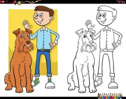 desenho de menino adolescente e seu cachorro para colorir página do livro vetor