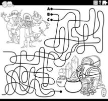 labirinto com piratas de desenhos animados e página do livro de colorir tesouro vetor