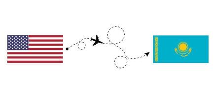 voo e viagem dos EUA para o Cazaquistão pelo conceito de viagem de avião de passageiros vetor