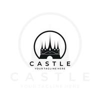 castelo coroa logotipo linha arte ilustração vetorial design minimalista moderno. arquitetura criativo ao ar livre natureza monoline contorno linear simples construção civil reino real império vetor