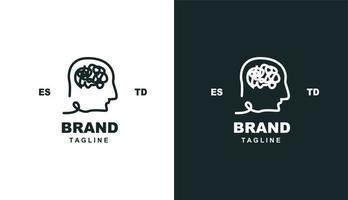 cabeça com cérebro confuso, cabeça monoline simples e design de logotipo de marca vetor