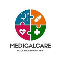 modelo de logotipo de vetor de cuidados médicos. este design usa o símbolo de quebra-cabeça. adequado para negócios de saúde.