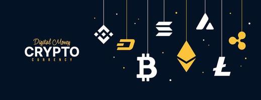 fundo de ícones de moeda criptográfica, troca de dinheiro digital de banner de tecnologia blockchain, mineração de criptomoeda e conceito financeiro vetor