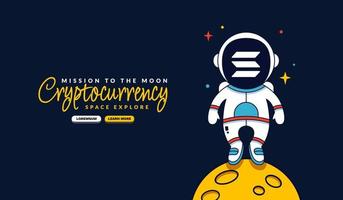 astronauta solana em pé no fundo dos desenhos animados da lua, missão ao fundo da lua, mineração de criptomoeda e conceito financeiro vetor